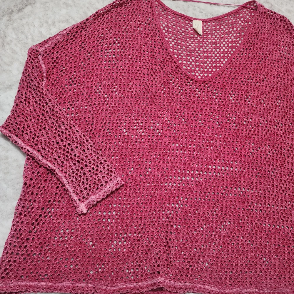 We the Free/Free People Napa Tee/Cover-Up Open Knit Crochet Oversized Sz L Pink